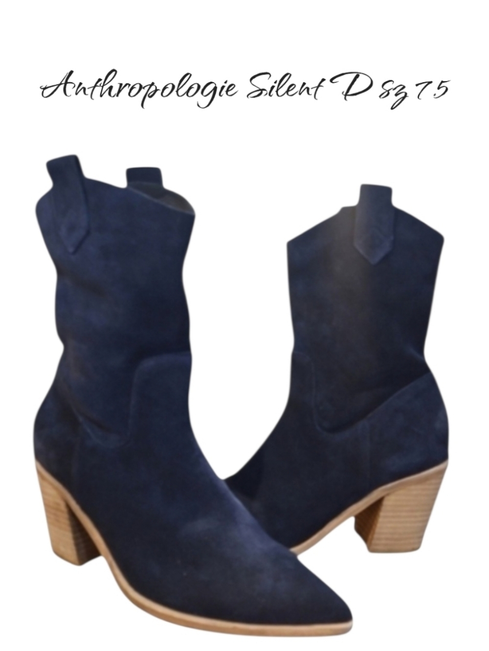 Anthropologie Silent D Navy Slouchy Suede Western Heeled Boots Sz 7.5 NEW